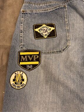 Vintage Y2K Denim Wide-Leg Jeans w/ Yellow & Black Patch Accents